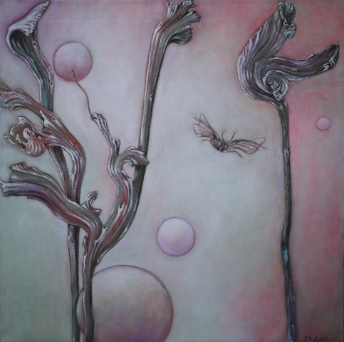 Acrylbild eines grünen Frosches vor rosa Hintergrund